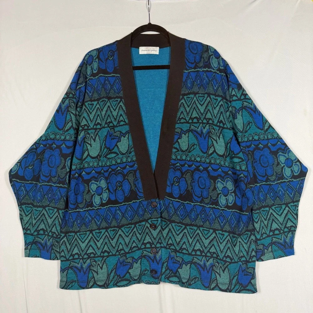Vtg 80s 90s‎ Christian de Castelnau Intarsia Blue Geometric Floral Cardigan 2XL